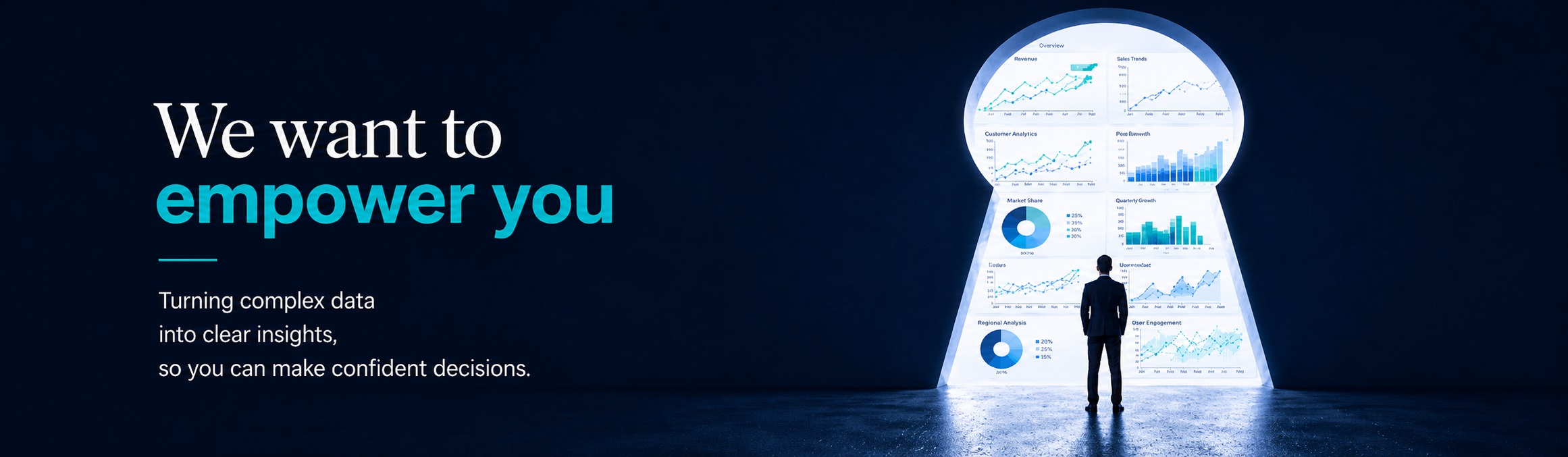We want to empower you. Turning complex data into clear insights, so you can make confident decisions. A figure views a wall of financial dashboards through a keyhole-shaped doorway.